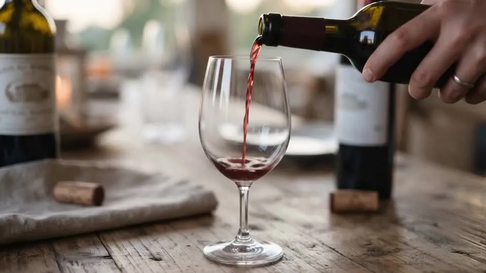 Taça de vinho tinto sendo servida — mova o mouse ou role a página para ver o vinho encher a taça